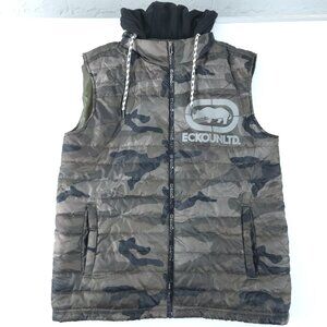 Ecko Unltd Camo Puffer Vest Mens M Hooded Y2K Streetwear Cybercore Baggy Skater